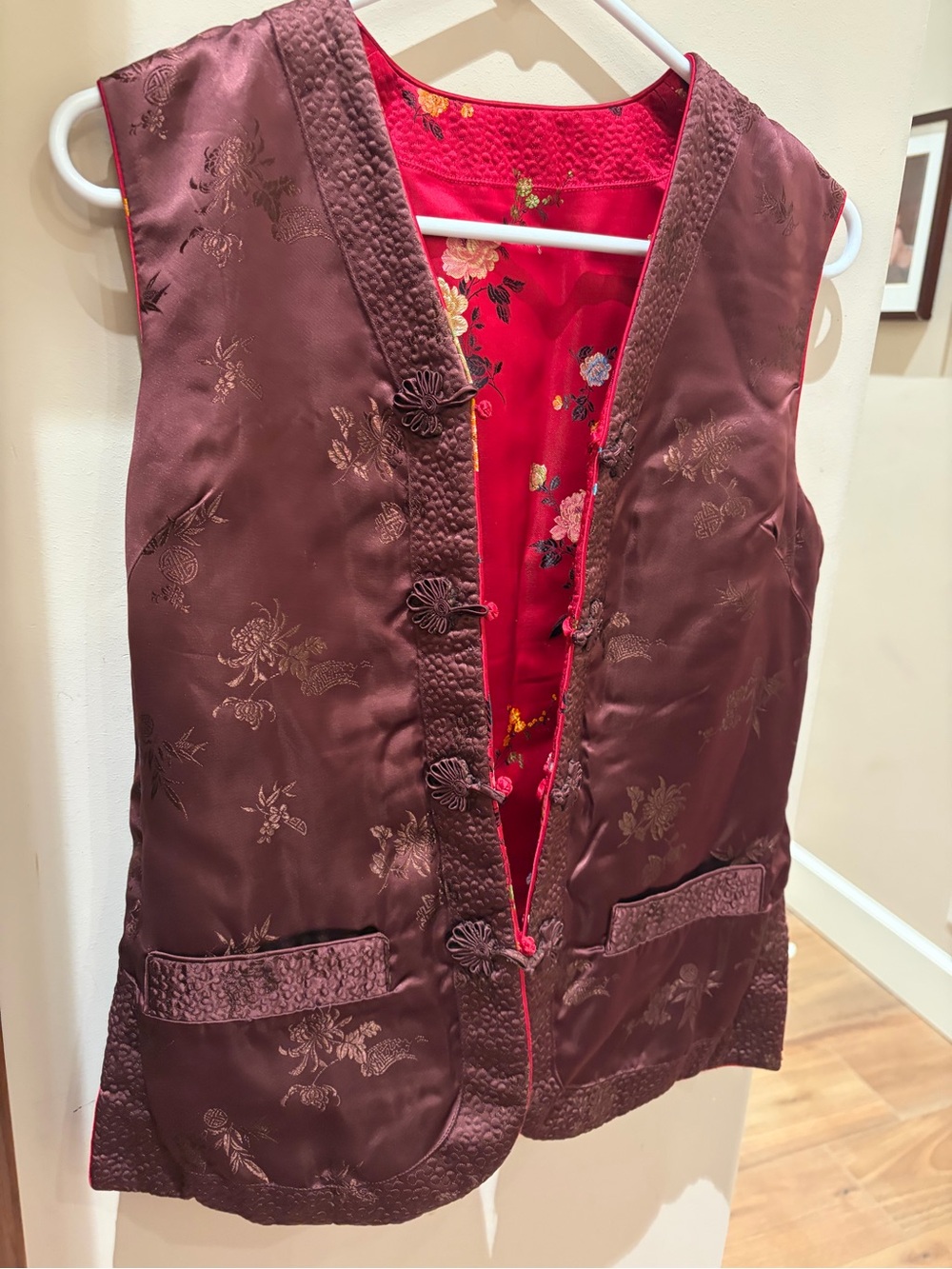 Vintage Red Floral Embroidered Reversible Chinese Traditional Vest - Picture 6 of 12
